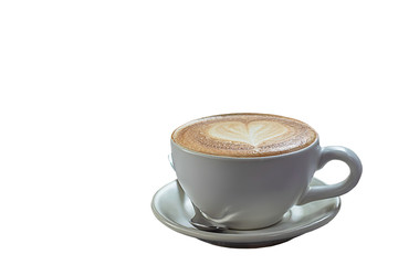 Hot coffee Espresso topped with a heart-shaped milk in white glass on a white background with clipping path.