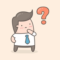 Young man thinking with question mark.