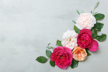 Flowers composition. Frame made of english rose flowers