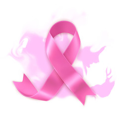 Realistic pink ribbon on abstract background, breast cancer awareness symbol in october, vector illustration
