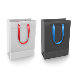 Set of shopping bags from plastic or paper with handles on white background, shopping bags of black and white colors, vector illustration