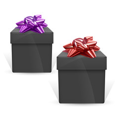 Set of black gift boxes with red and purple bows, realistic illustration isolated on white background