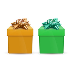Set of green and orange gift boxes with bows, realistic illustration isolated on white background