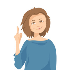 Attention! Vector illustration, young woman shows warning gesture.	