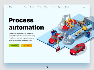 Automation processes in the automotive plant. Concept of a landing page for process automation in a car factory. Vector website template with 3d isometric illustration conveyor for assembly of cars