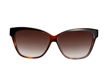 Stylish women's brown sunglasses on a white background. Front view.	