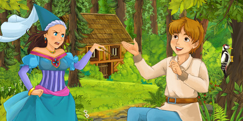 cartoon scene with young prince traveling and encountering princess sorceress and hidden wooden house in the forest - illustration for children
