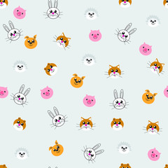 Seamless pattern of funny toy animals ' heads, bear, dog, hedgehog, pig, hare, cat for printing, baby fabrics, covers