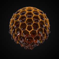 spherical honeycomb with flowing honey. 3d illustration