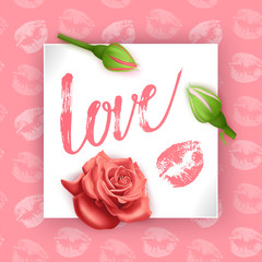 Postcard with the inscription love on Valentines day, Happy Valentines Day script lettering inscription. Hand lettering card with rose buds, vector illustration