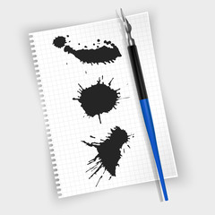 Fountain pen, fountain pen on sheet of paper and Black ink paint spots. Vector Realistic style illustrated