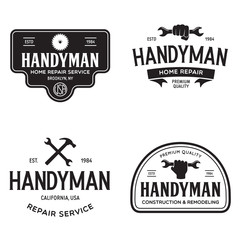 Handyman labels badges emblems and design elements. Tools silhouettes. Carpentry related vector vintage illustration.