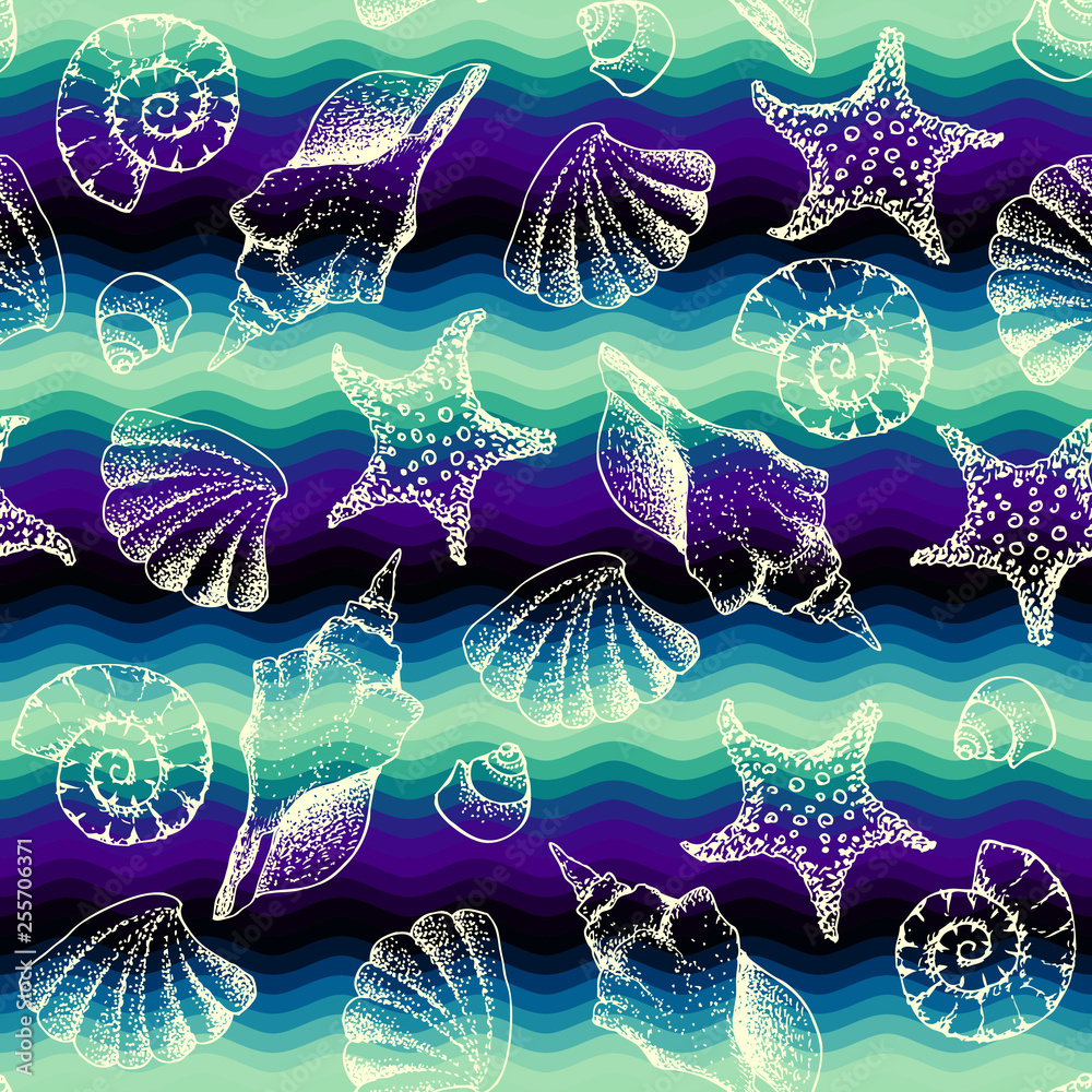 Poster blue waves pattern and hand draw in marine style.
