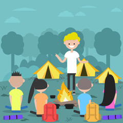 Camping in forest. Young characters near bonfire.Campfire stories.Flat cartoon design.Clip art