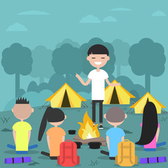 Camping in forest. Young characters near bonfire.Campfire stories.Flat cartoon design.Clip art