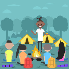 Camping in forest. Young characters near bonfire.Campfire stories.Flat cartoon design.Clip art