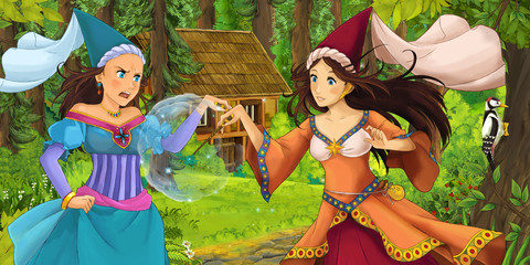 Obraz na płótnie Canvas cartoon scene with happy young witch girl in the forest encountering sorceress hidden wooden house - illustration for children