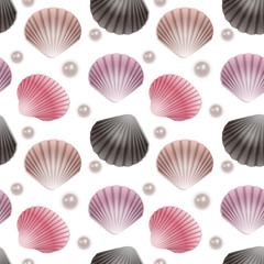 Seamless Endless Pattern with Print of colorful shells and pearls on white background. Can be used in food industry for wallpapers, posters, wrapping paper, wedding cards.