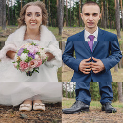 newlywed couple funny collage. wedding photo concept. concept collage