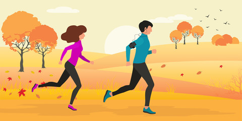 vector illustration of woman and man running through autumn forest, flat design