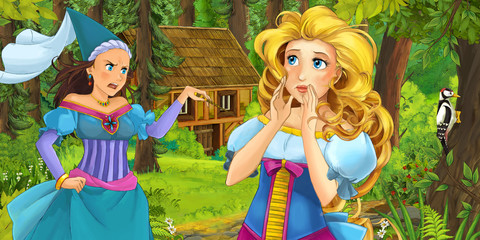 Obraz na płótnie Canvas cartoon scene with happy young girl in the forest encountering sorceress hidden wooden house - illustration for children