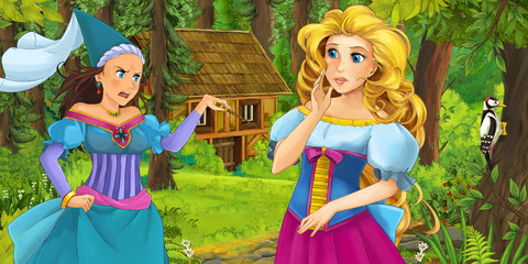 cartoon scene with happy young girl in the forest encountering sorceress hidden wooden house - illustration for children