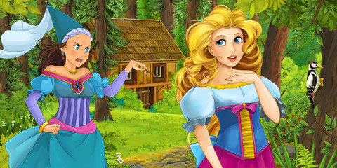 cartoon scene with happy young girl in the forest encountering sorceress hidden wooden house - illustration for children