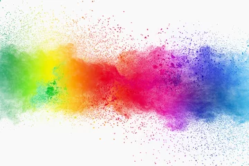 Fotobehang Kleurrijke poederexplosie op witte achtergrond. Pastelkleur stofdeeltjes spatten. © Pattadis