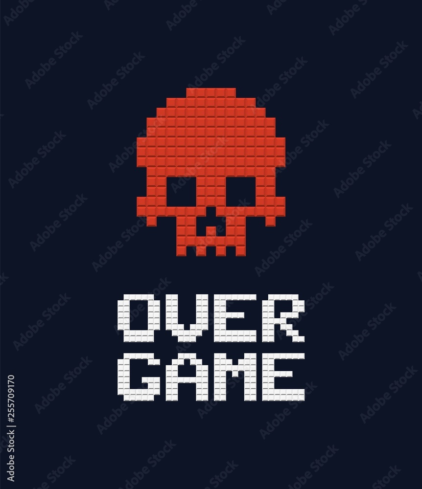Wall mural game over text and red skull 8 bit vector illustration. retro video game design element on dark back
