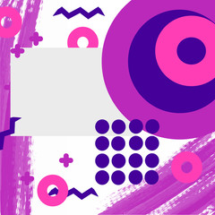Memphis style square template with geometric pattern in pink and purple colors