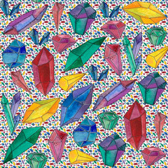 Fototapeta na wymiar Seamless pattern with watercolor illustration of crystals gems.