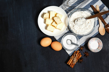 Baking background. A variety of ingredients for baking on rustic background