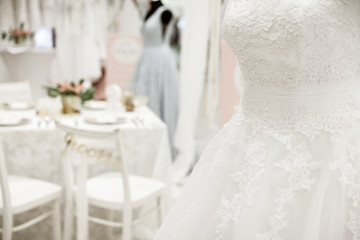 wedding dress isolated on white whith decoration on background