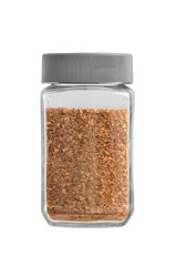 Glass jar with instant granulated coffee. Isolated on a white background