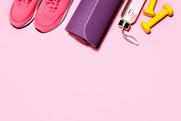 Flat lay fitness background with blank space for a text