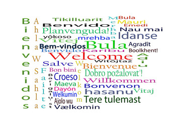 Welcome in multiple languages; word cloud