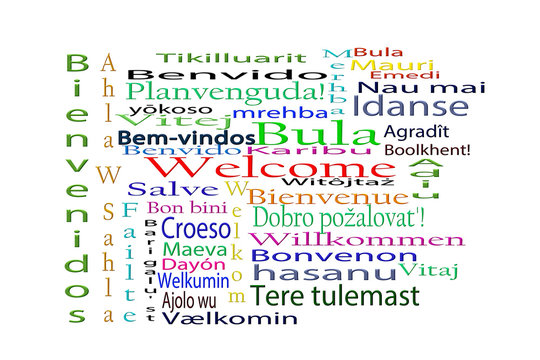 Welcome in multiple languages; word cloud