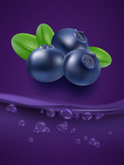 Blueberry juice close up. Fresh blueberry juice. 3d vector illustration.