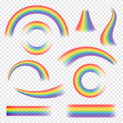Rainbows in different shape. Realistic set on transparent background. Isolated vector illustration.