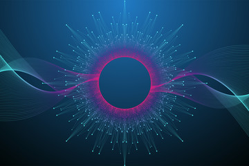 Quantum computer technology concept. Sphere explosion background. Deep learning artificial intelligence. Big data algorithms visualization. Waves flow. Quantum explosion, vector illustration.