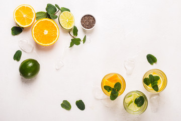 set of refreshing citrus lemonade and ingredients