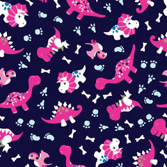 Vector of seamless pattern with cute Dinosaurs colored in Pink, i.e. Tyrannosaurus Rex/ T-rex, Brontosaurus, Triceratops, Stegosaurus, Pterodactyls/ Pterosaurs. Jurassic figures. Prehistoric era.