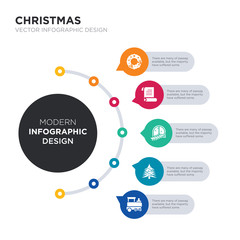 modern business infographic illustration design contains christmas train, christmas tree, christmas window, wishlist, wreath simple vector icons. set of 5 isolated filled icons. editable sign and