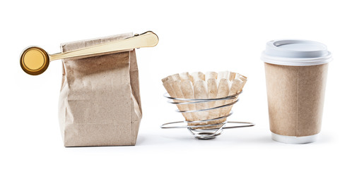 coffee dripper with paper filter paperbag with big golden scoop papercup