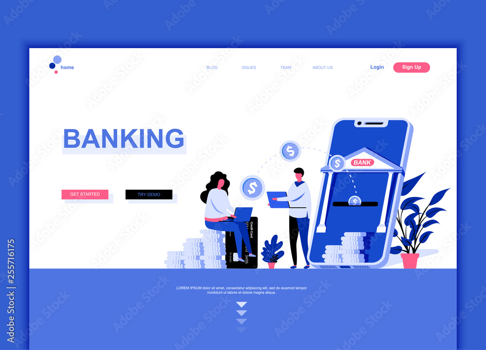 Poster Modern flat web page design template concept of Online Banking decorated people character for website and mobile website development. Flat landing page template. Vector illustration.