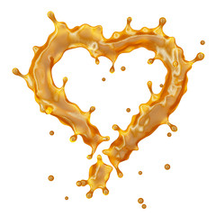 Beer or juice splash in form of heart isolated on white background. Clipping path included. Valentine day liquid design element concept. 3D render