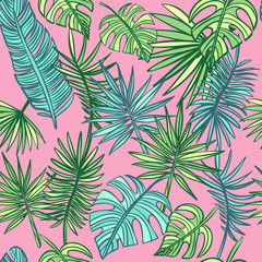 Tropical leafs background. Turquoise and green tropical leaves. Fashion, wrapping, interior, packaging suitable. hand drawn palm leaves on pink background. Summer pattern. Vector Illustration.