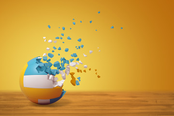 3d rendering of volleyball ball shattering into small pieces on yellow background