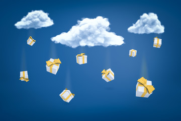 3d rendering of a set of white gift boxes falling from the skies.