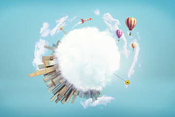 3d rendering of cloud-covered Earth globe with big modern city and road signs and space rocket and hot-air balloons in the air.